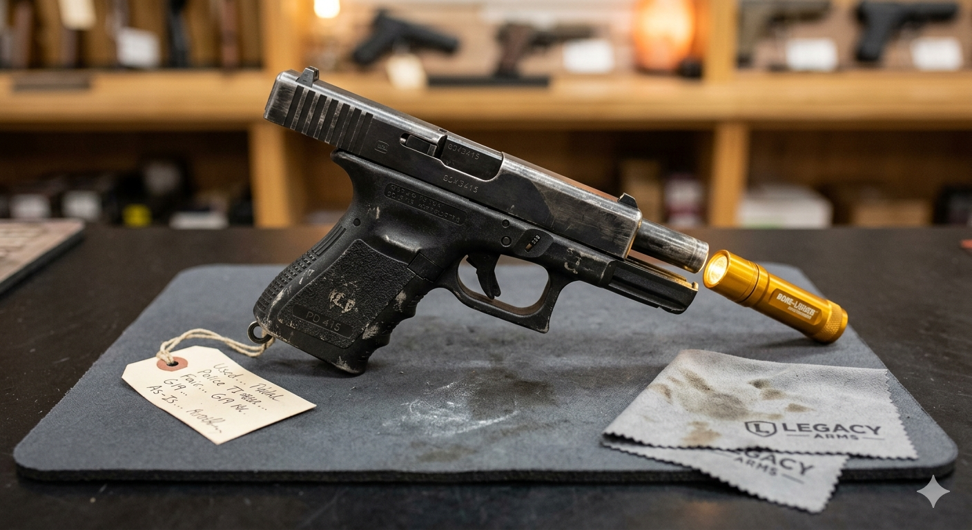  A photorealistic editorial close-up of a used police trade-in semi-automatic handgun on a gun shop inspection mat. The slide is locked back, and a bore light is positioned near the barrel. A cleaning cloth and a handwritten condition tag are visible on the mat.