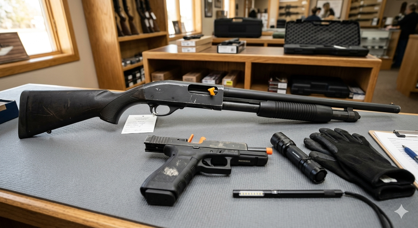A photorealistic editorial photograph of a used police trade-in pump-action shotgun and semi-auto pistol on a clean workbench. Both firearms have their actions open and are surrounded by inspection tools like a bore light, flashlight, gloves, and a condition tag.