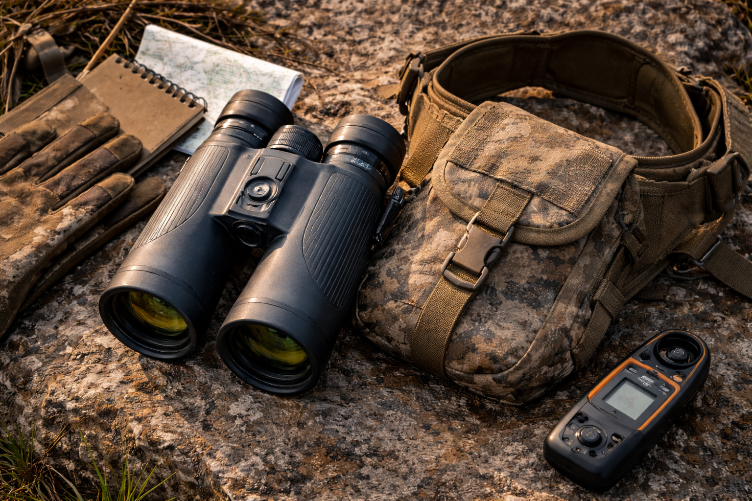 premium rangefinding binocular with harness on a weathered outdoor surface