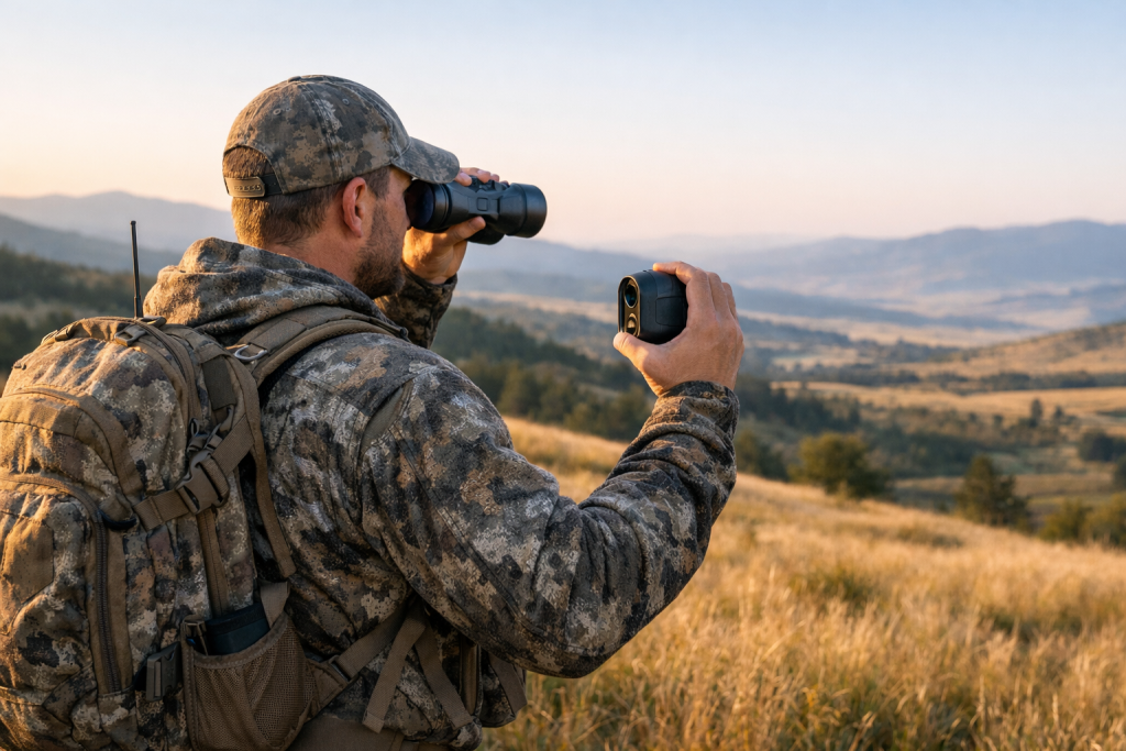 hunter comparing binoculars and rangefinder in open country at sunrise