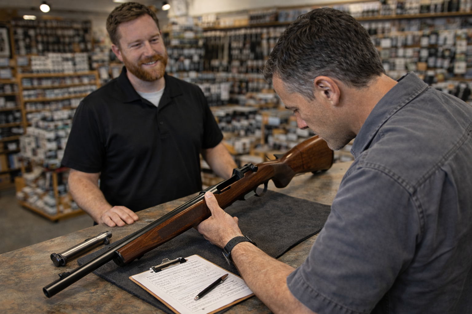 Adult buyer safely inspecting a used bolt-action rifle with the bolt removed on a padded mat at a local gun shop transfer counter.