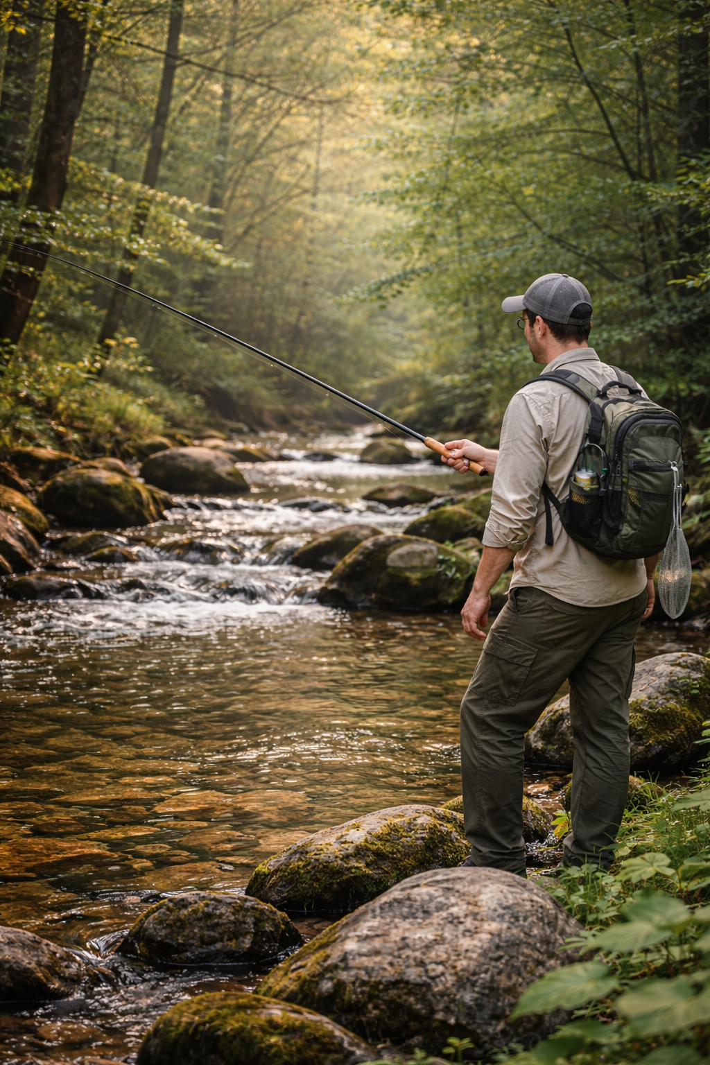 Angler using a long reel-free tenkara rod beside a shallow wooded creek in soft morning light.