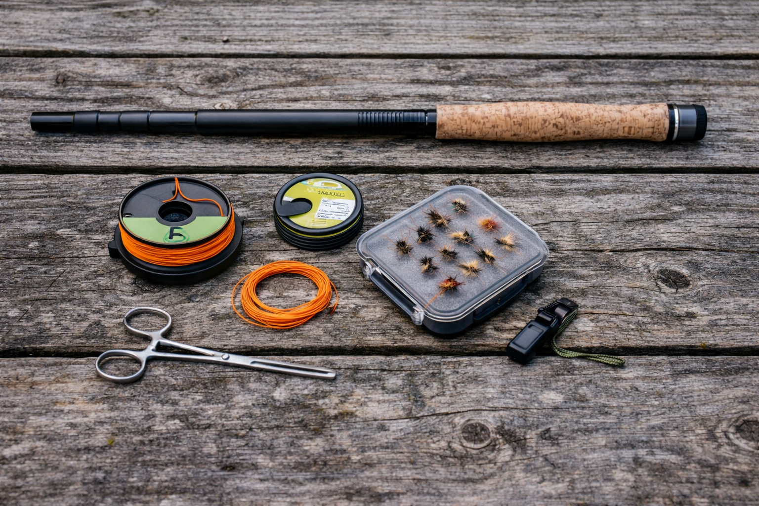 Compact tenkara beginner kit with telescoping rod, fixed-line spool, tippet, fly box, forceps, and nippers on a weathered outdoor table.
