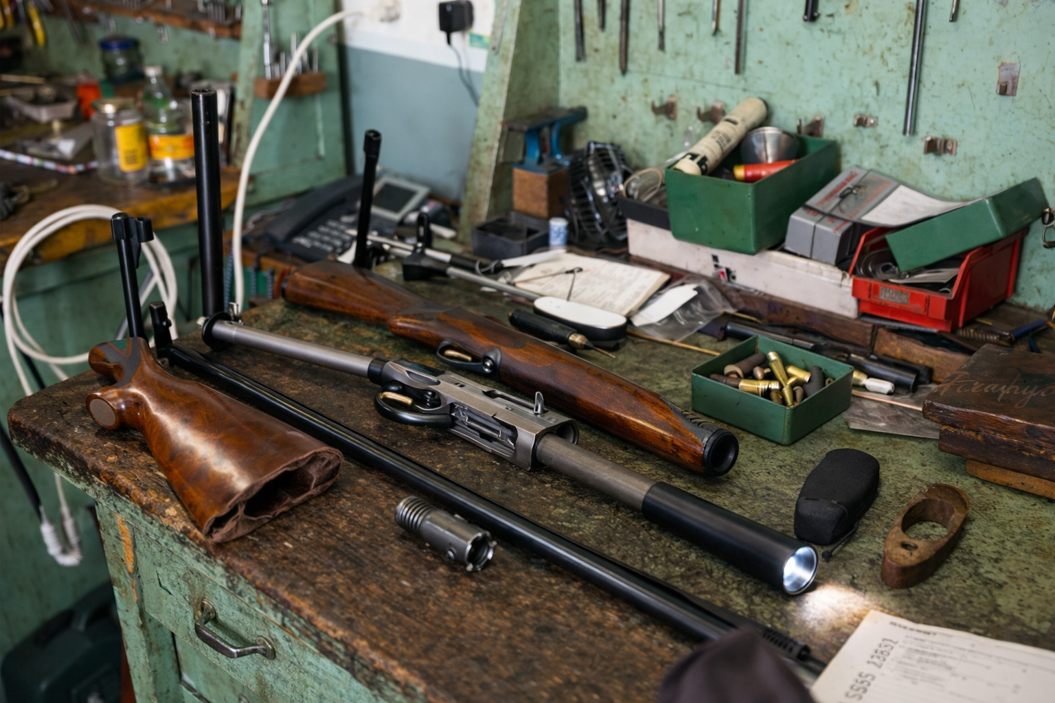 A worn gunsmith workbench with disassembled used firearms, wooden stocks, tools, inert rounds, and a bore light in a professional shop setting.