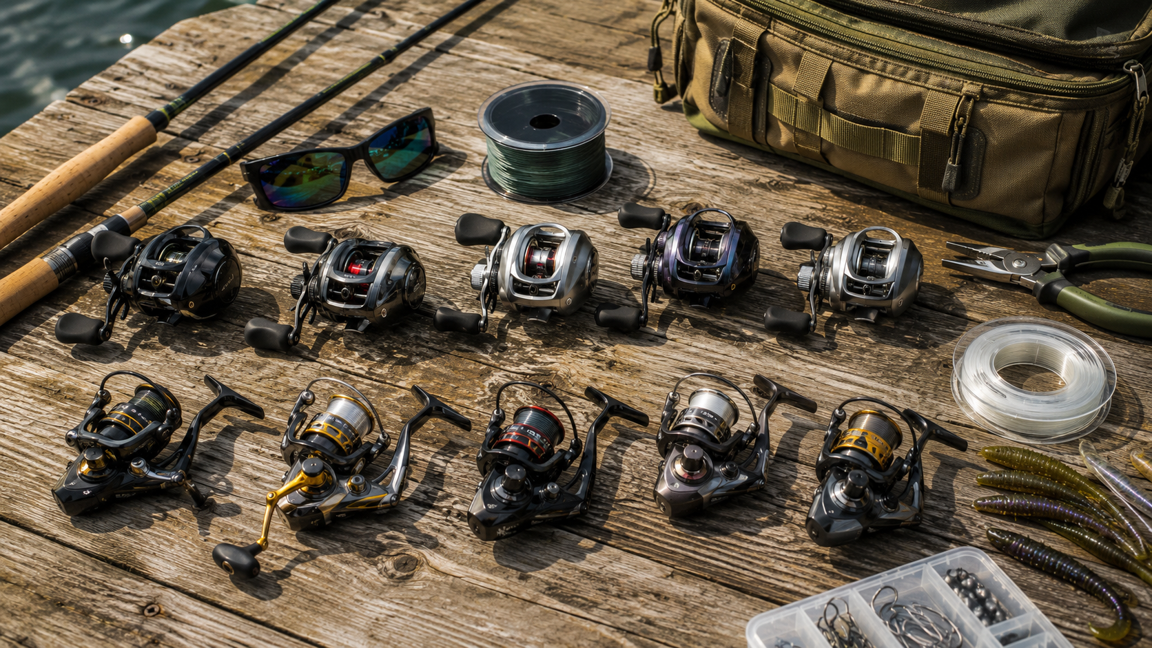 Best KastKing reels for bass fishing with baitcasting and spinning reels on a dock