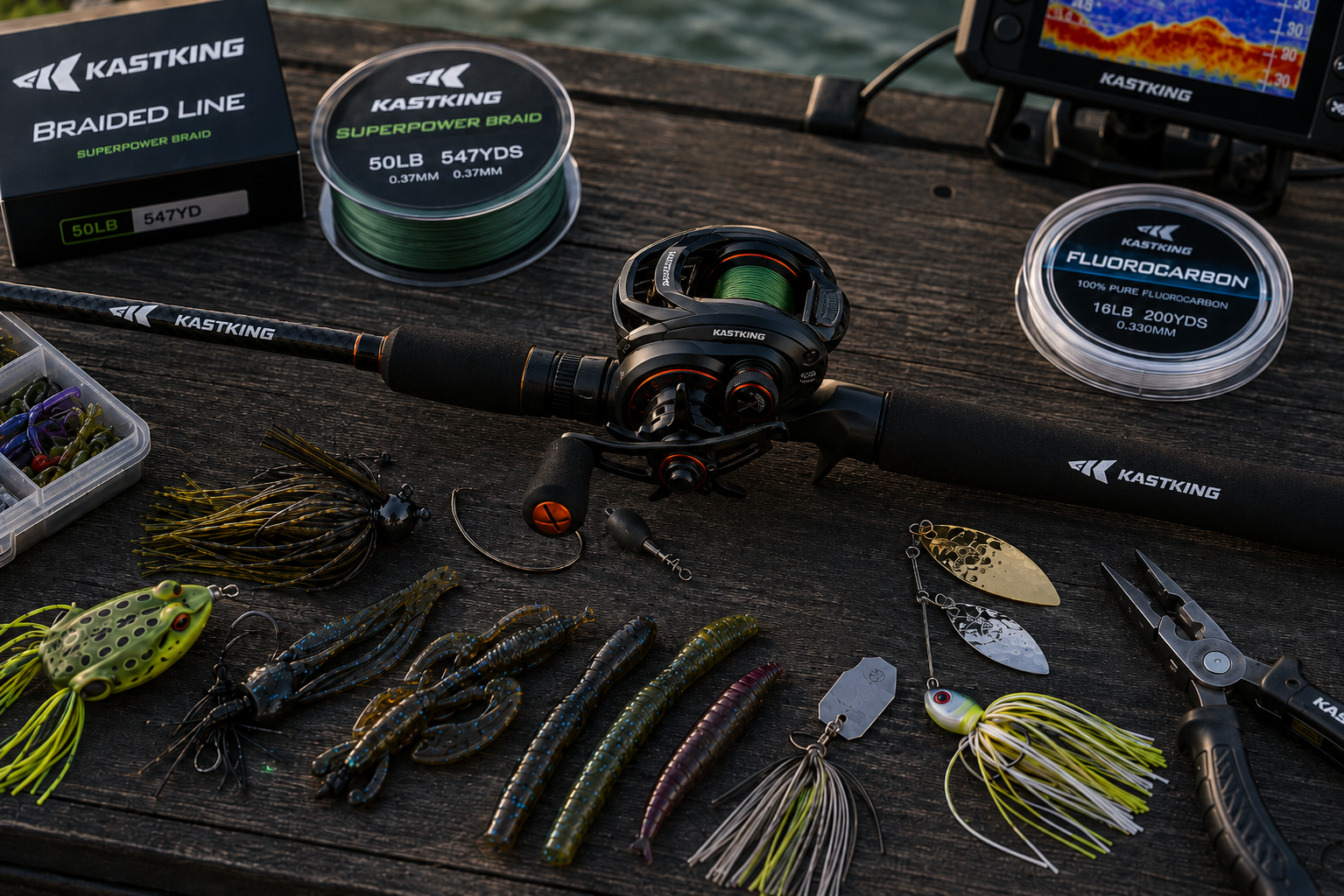 KastKing baitcaster vs spinning reel power bass fishing setup with jigs and Texas rigs
