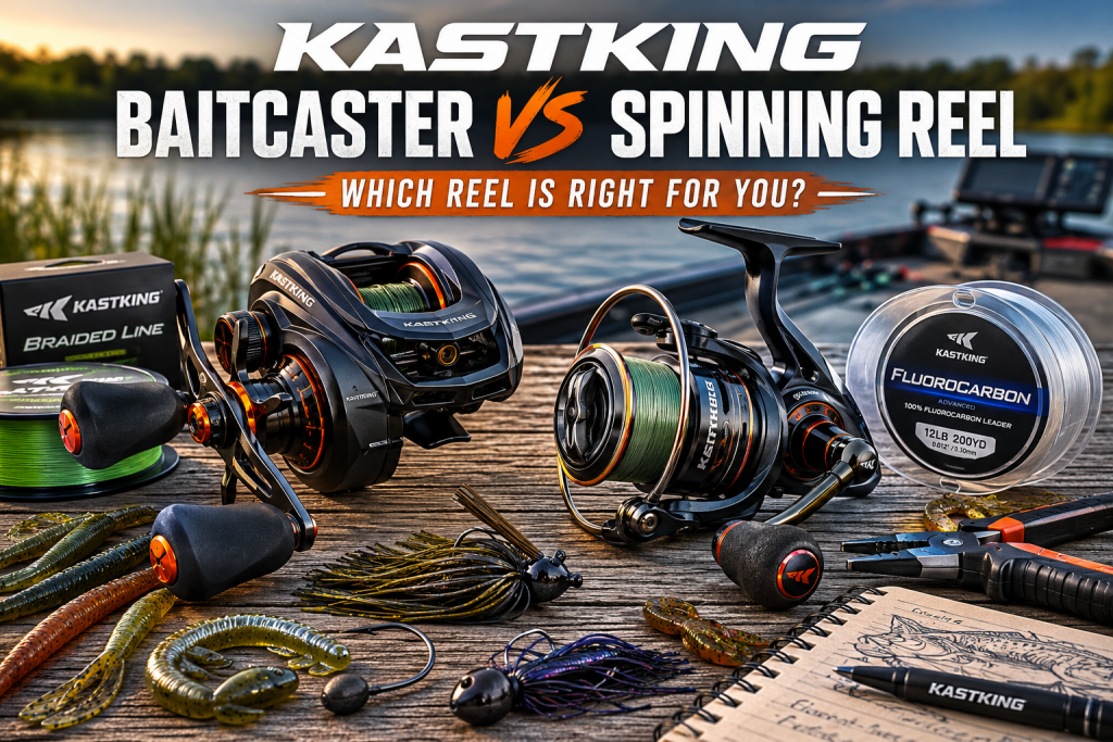 KastKing baitcaster vs spinning reel bass fishing setup on a tackle table