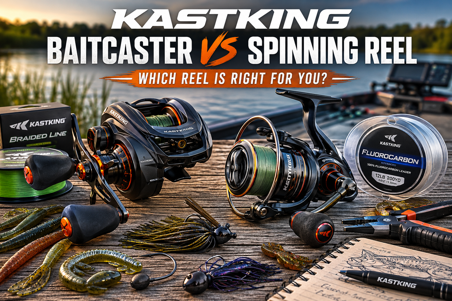 KastKing baitcaster vs spinning reel bass fishing setup on a tackle table