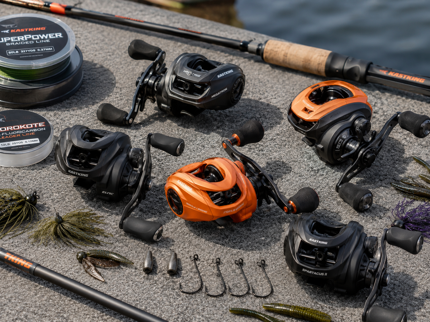Best KastKing reels for bass fishing baitcasting reels lined up on a tackle bench
