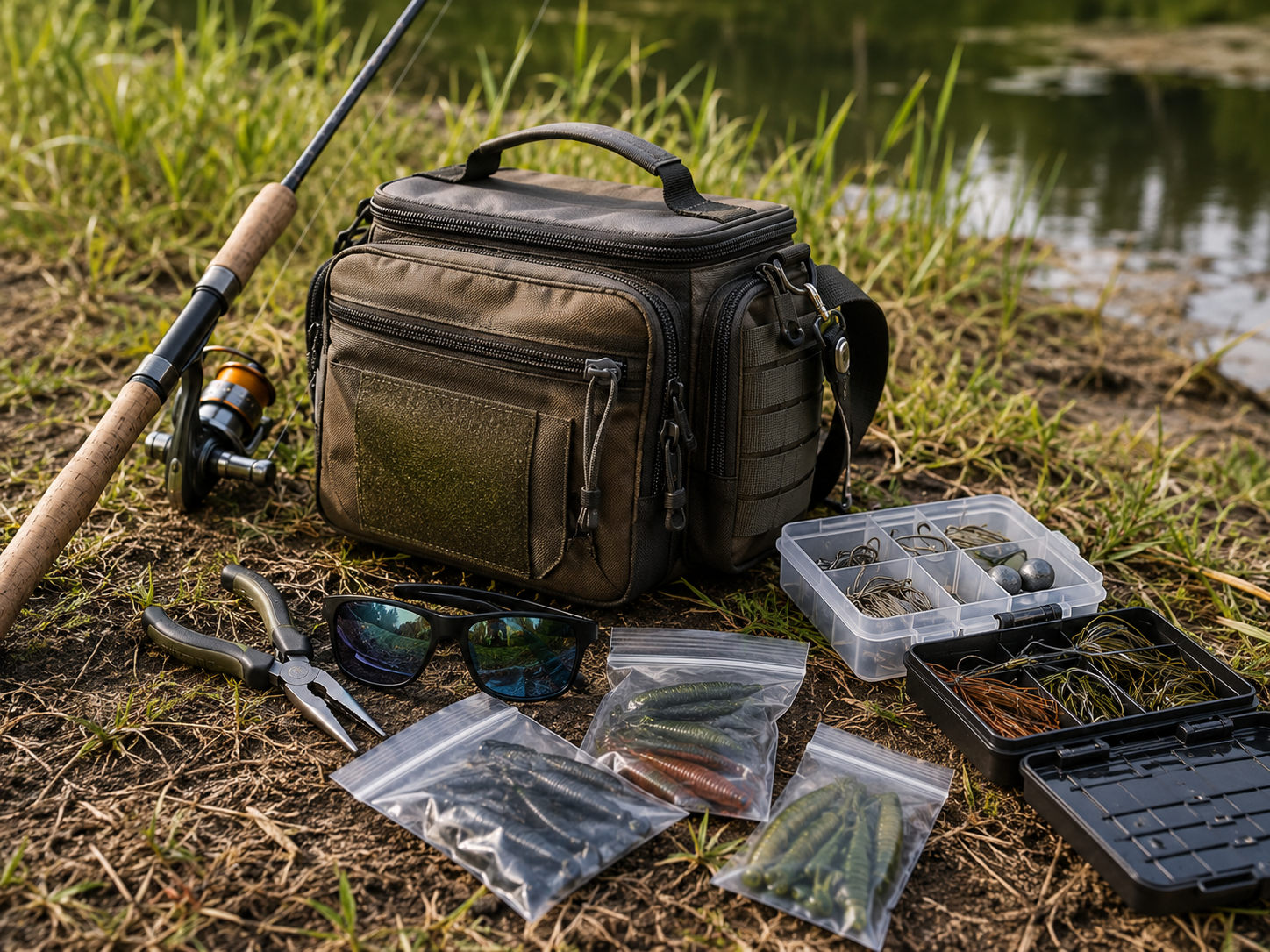 KastKing fishing gear tackle bag setup for bank fishing