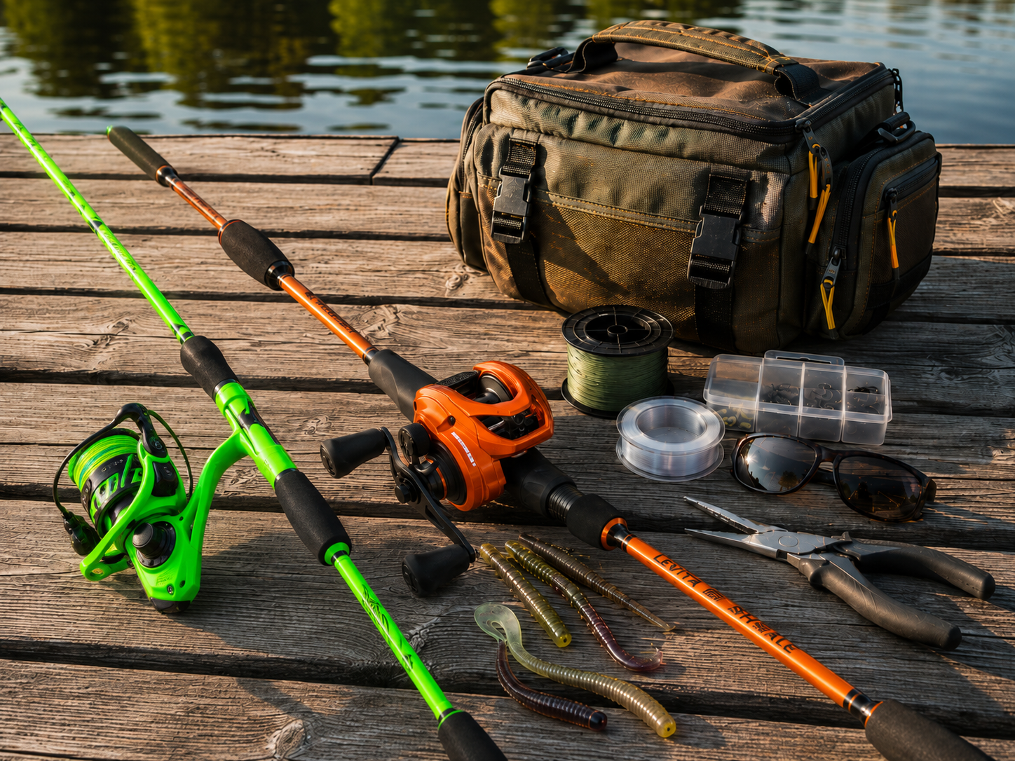 KastKing fishing gear budget bass fishing setup with rod reel line tackle bag and soft plastics