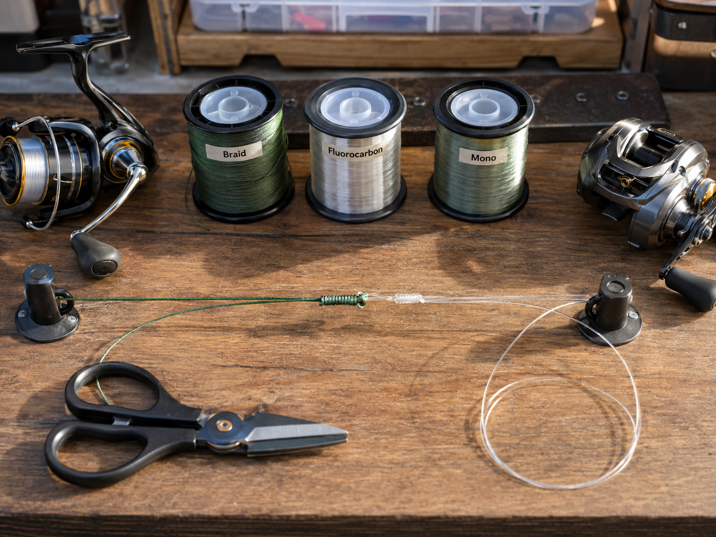 KastKing fishing gear line setup with braid fluorocarbon and monofilament spools