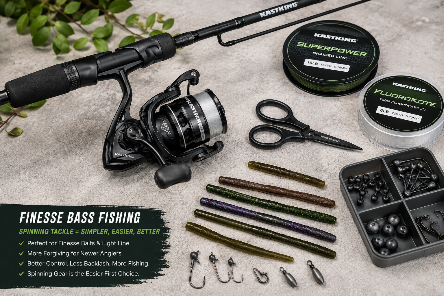 KastKing baitcaster vs spinning reel finesse setup with KastKing spinning reel and soft plastics