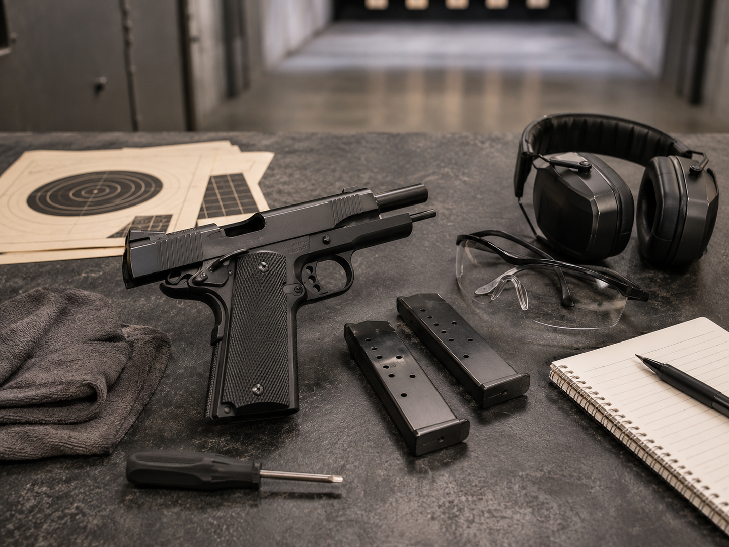 SIG 1911-X range setup with magazines and safety gear