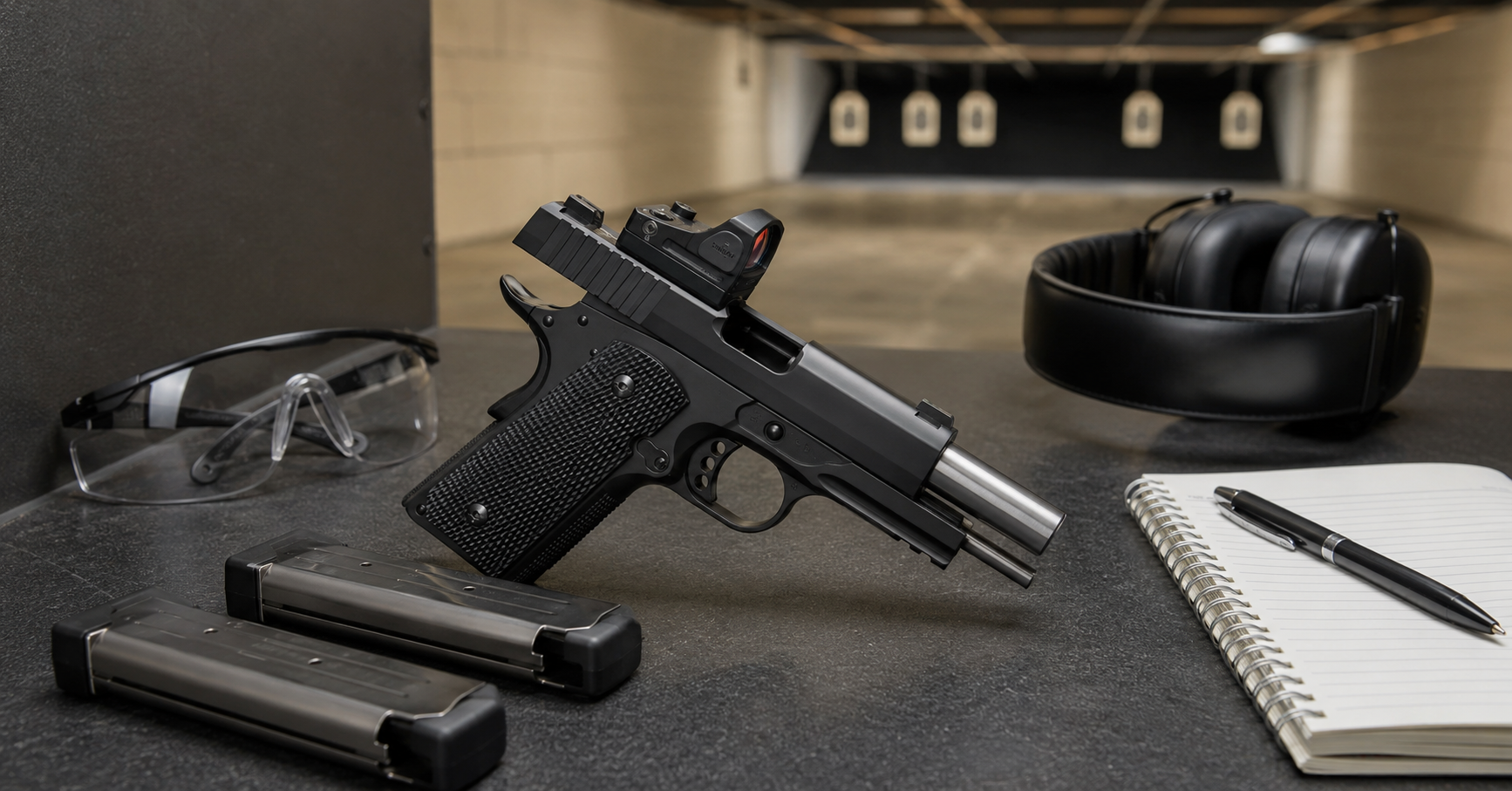 SIG 1911-X with ROMEO-X Compact red dot on a clean range bench