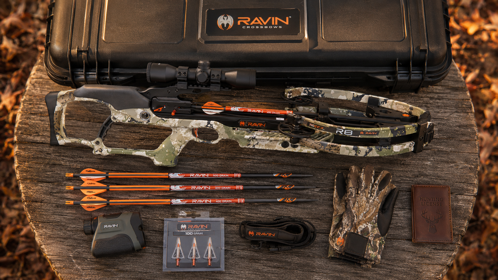 Ravin R8 XK7 review deer hunting setup with case arrows and rangefinder