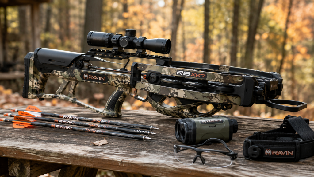 Ravin R8 XK7 review crossbow in XK7 camo on a hunting bench